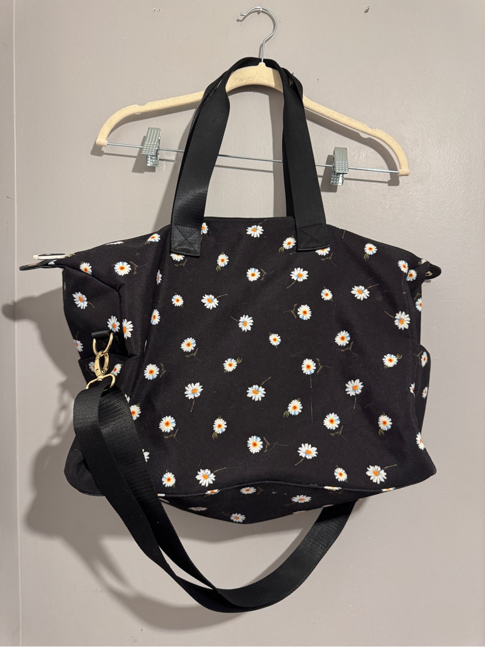 Alice and Olivia Black Daisy Canvas Tote Bag with Adjustable Strap